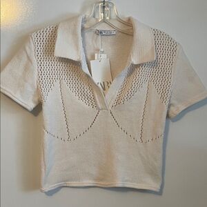 Zara Open Knit Polo Sweater Size Large NEW